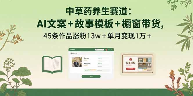中草药养生赛道：AI文案+故事模板+橱带货，45条作品涨粉13w+单月变现1万+-68资源