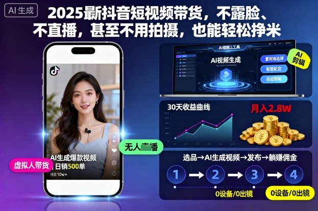 2025最新抖音短视频带货，不露脸、不直播，甚至不用拍摄，也能轻松挣米-68资源