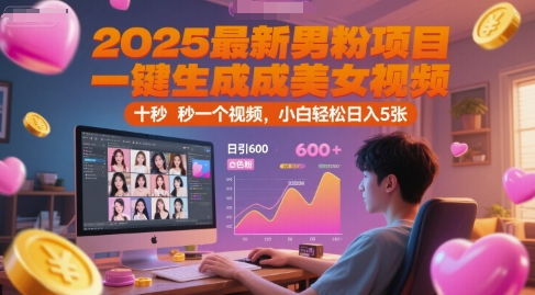 2025最新男粉项目，一键生成美女视频，日引600+色粉 十秒一个视频，小白轻松日入5张【揭秘】-68资源