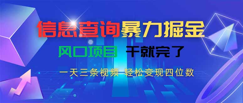 信息查询暴力掘金，一天三条视频 轻松变现四位数，风口项目干就完了-68资源