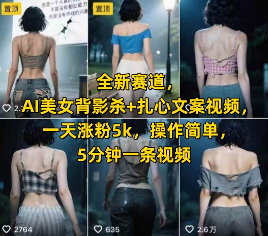 全新赛道，AI美女背影杀+扎心文案视频，一天涨粉5k，操作简单，5分钟一条视频-68资源