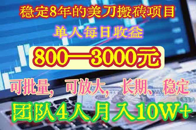 稳定8年的美刀搬砖项目，单人每日收益800—3000.团队4人月入10W+.可线下-68资源