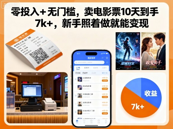 零投入+无门槛,卖电影票10天到手7k+,新手照着做就能变现【揭秘】