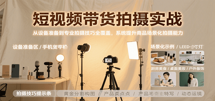短视频带货拍摄实战，从设备准备到专业拍摄技巧全覆盖，系统提升商品场景化拍摄能力-68资源