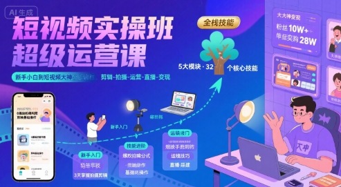 短视频实操班超级运营课，新手小白到短视频大神必修课程，剪辑-拍摄-运营-直播-变现-68资源