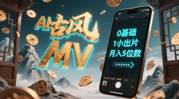 AI一键生成古风音乐MV，0剪辑基础1小时出片，多种变现渠道，一部手机月入5位数-68资源
