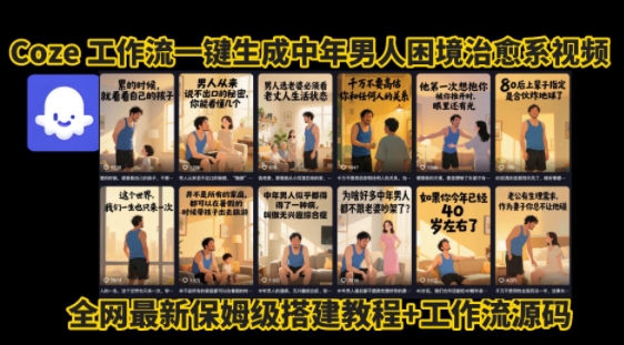 coze工作流一键生成”中年男人困境扎心高涨粉高播放量图文视频”保姆级拆解教程，无需剪辑，无需拍摄写文案-68资源