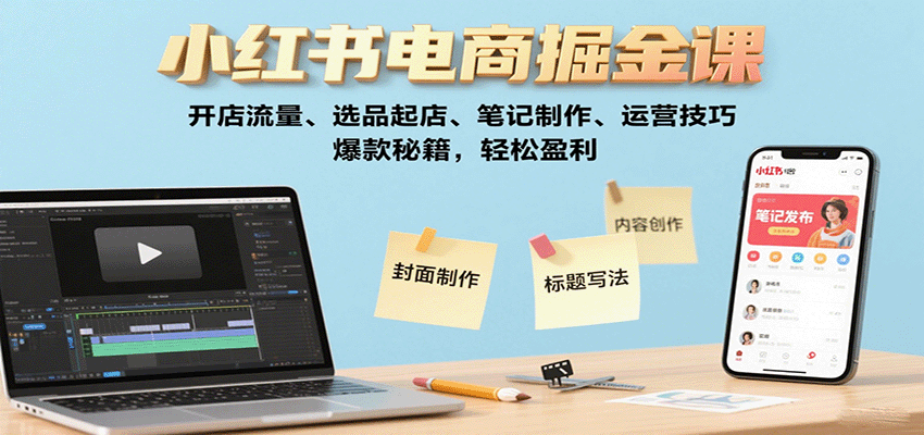 小红书电商掘金课：开店流量、选品起店、笔记制作、运营技巧，爆款秘籍，轻松盈利-68资源