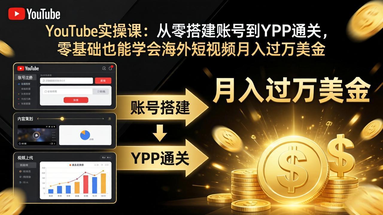YouTube实操课：从零搭建账号到YPP通关，零基础也能学会海外短视频月入过万美金-68资源