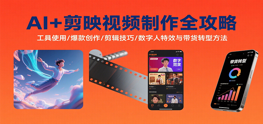 AI+剪映视频制作全攻略：工具使用/爆款创作/剪辑技巧/数字人特效与带货转型方法-68资源