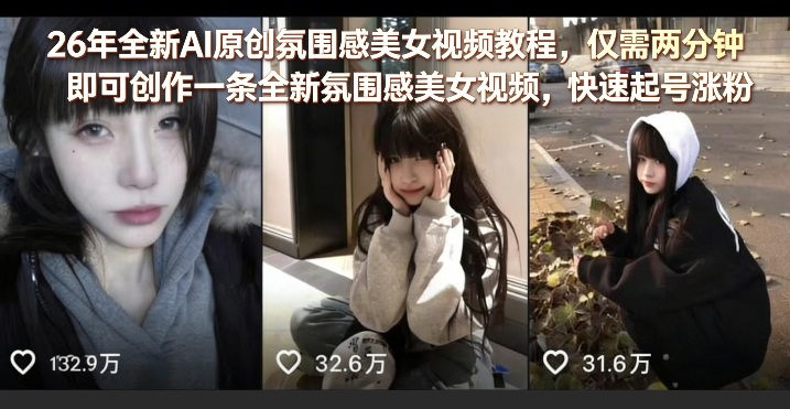 26年全新AI原创氛围感美女视频教程，仅需两分钟即可创作一条全新氛围感美女视频，快速起号涨粉-68资源