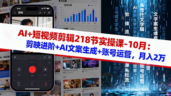 AI+短视频剪辑218节实操课-10月：剪映进阶+AI文案生成+账号运营，月入2万-68资源