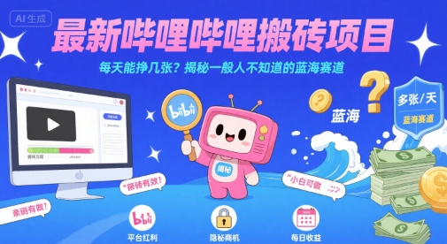 最新哔哩哔哩上B站搬砖项目，每天能挣几张？揭秘一般人不知道的蓝海赛道-68资源