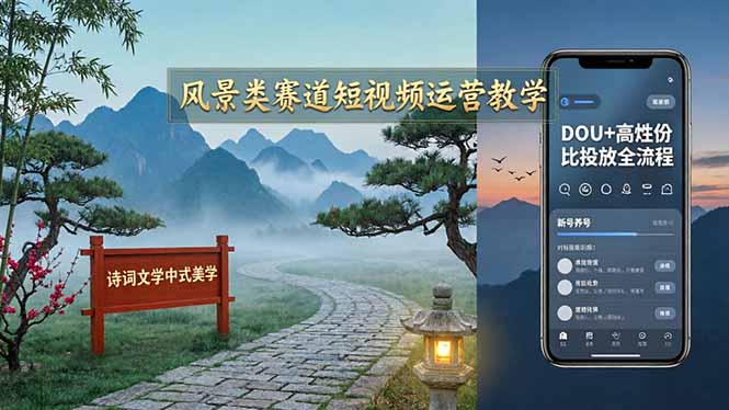 风景类赛道短视频运营教学：诗词文学中式美学，新号养号对标账号定位，DOU+高性价比投放全流程-68资源