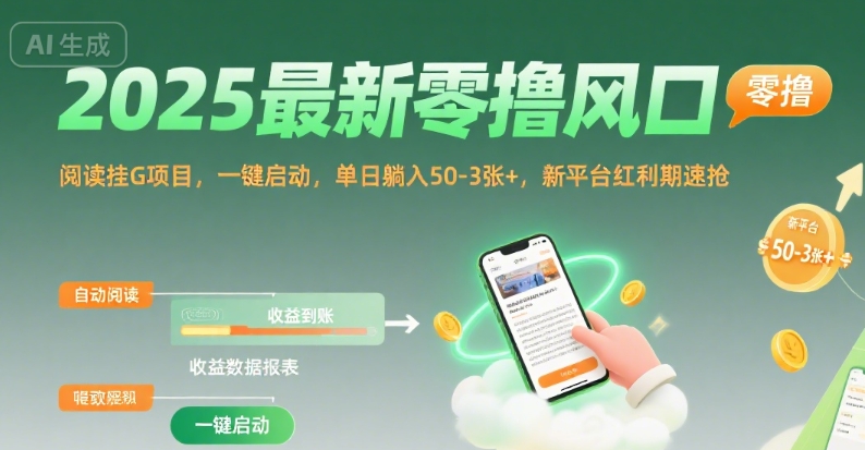 2025最新零撸风口，阅读挂G项目，一键启动，单日躺入 50-3张+，新平台红利期速抢【揭秘】-68资源