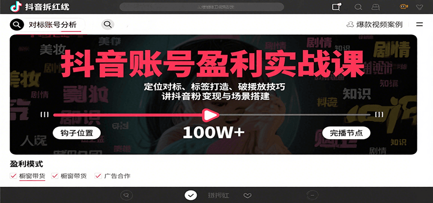 抖音账号盈利实战课，定位对标、标签打造、破播放技巧，讲涨粉变现与场景搭建-68资源