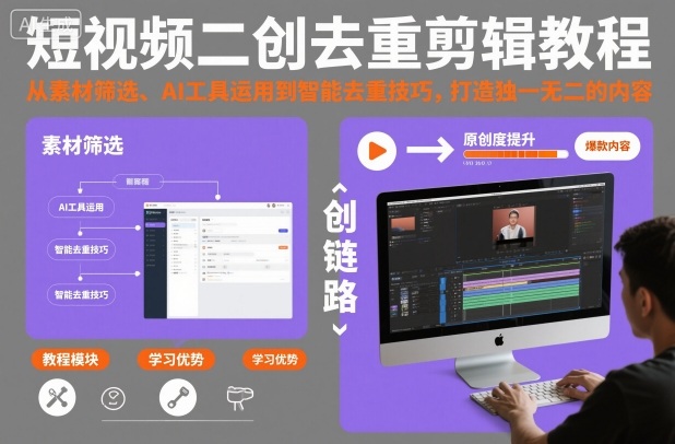 短视频二创去重剪辑教程，从素材筛选、AI工具运用到智能去重技巧，打造独一无二的内容-68资源