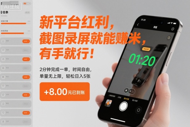 新平台红利，截图录屏就能賺米，有手就行！2分钟完成一单，时间自由，单量无上限，轻松日入5张【揭秘】-68资源