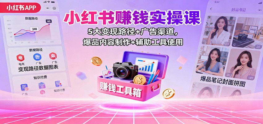小红书赚钱实操课：5大变现路径+广告渠道，爆品内容制作+辅助工具使用-68资源