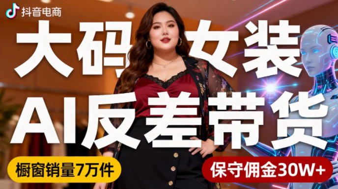 抖音小众赛道，大码女装AI反差带货，不用直播，每天6条作品，橱窗卖7万件，保守佣金30W+-68资源