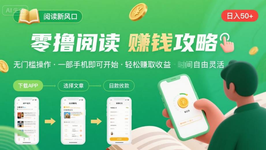 零撸阅读新风口，无门槛轻松挣，一部手机，日入 50-3张【揭秘】-68资源