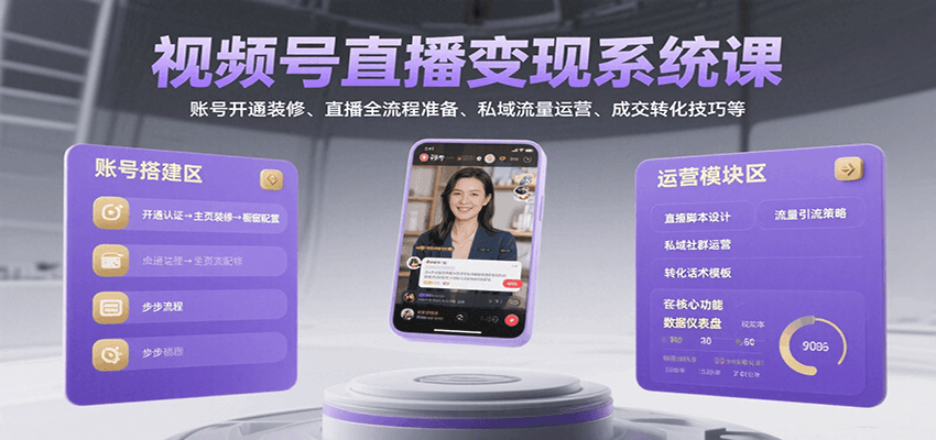 视频号直播变现系统课，账号开通装修、直播全流程准备、私域流量运营、成交转化技巧等-68资源