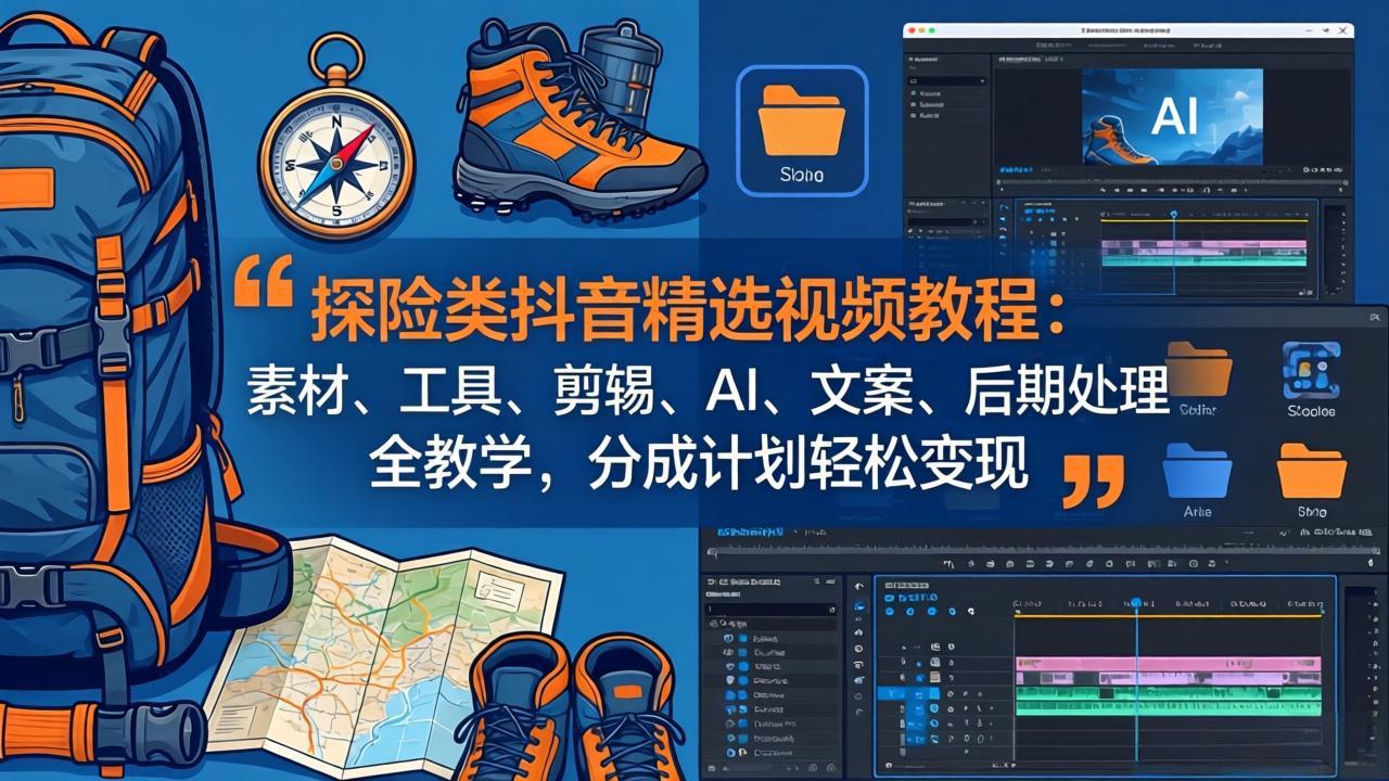 探险类抖音精选视频教程：素材、工具、剪辑、AI、文案、后期处理全教学，分成计划轻松变现-68资源