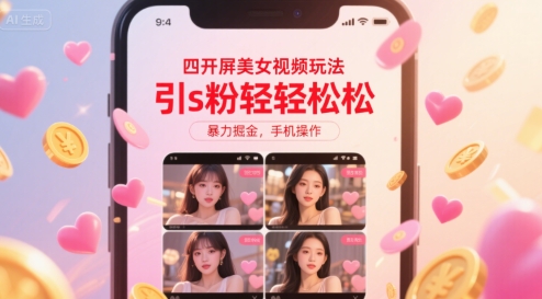 四开屏美女视频玩法，引s粉轻轻松松，暴力掘金，手机操作【揭秘】-68资源