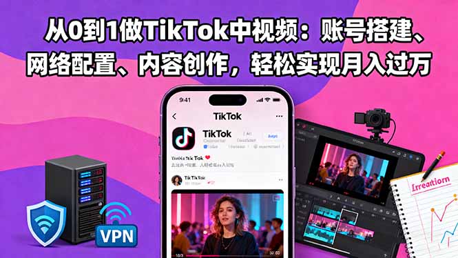 从0到1做TikTok中视频：账号搭建、网络配置、内容创作，轻松实现月入过万-68资源