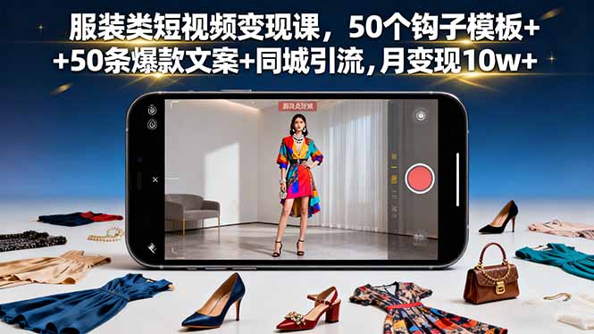 服装类短视频变现课，50个钩子模板+50条爆款文案+同城引流，月变现10w+-68资源
