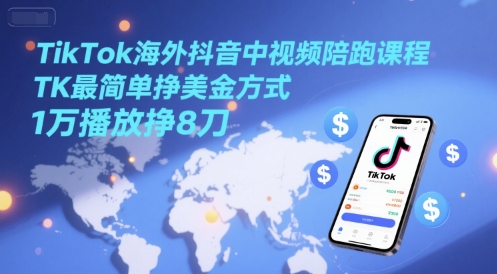 TikTok海外抖音中视频陪跑课程，TK最简单挣美金方式，1万播放挣8刀-68资源