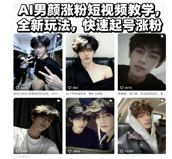 AI男颜涨粉短视频教学，全新玩法，快速起号涨粉-68资源