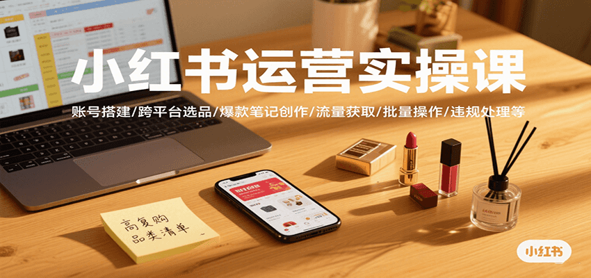 小红书运营实操课，账号搭建/跨平台选品/爆款笔记创作/流量获取/批量操作/违规处理等-68资源