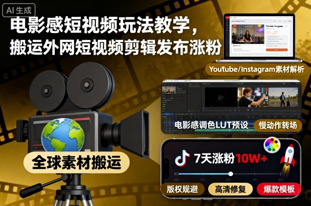 电影感短视频玩法教学，搬运外网短视频剪辑发布涨粉-68资源