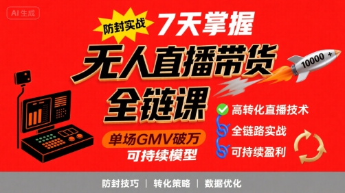无人直播带货全链防封实战课，7天掌握高转化直播技术，实现单场GMV破万可持续模型-68资源