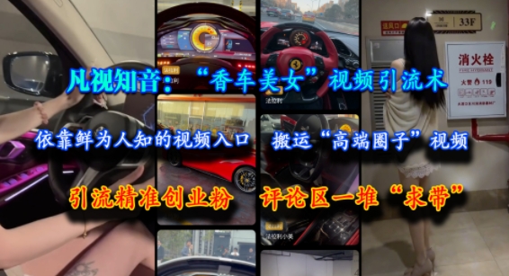 凡视知音：“香车美女”视频引流术，依靠鲜为人知的视频入口，搬运“高端圈子”视频，引流精准创业粉，评论区一堆“求带”-68资源