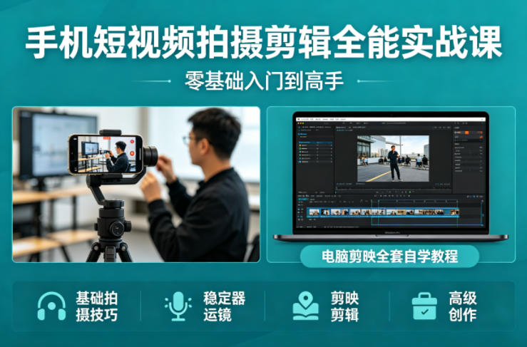 手机短视频拍摄剪辑全能实战课：零基础入门到高手，稳定器运镜+电脑剪映全套自学教程-68资源