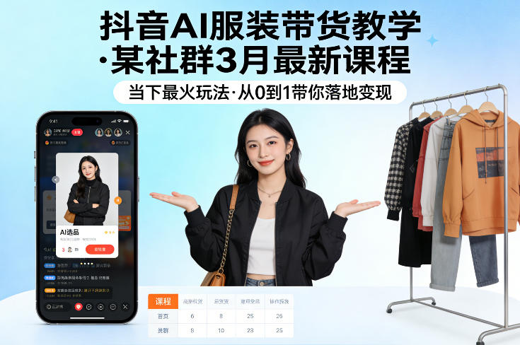 抖音AI服装带货教学，某社群3月最新课程，当下最火玩法，从0到1带你落地变现-68资源