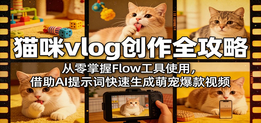 猫咪vlog创作全攻略：从零掌握Flow工具使用，借助AI提示词快速生成萌宠爆款视频-68资源