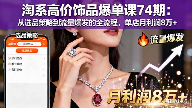 淘系高价饰品爆单课74期：从选品策略到流量爆发的全流程，单店月利润8万+-68资源