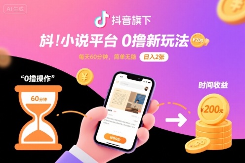 抖音旗下小说平台0撸新玩法，每天挂G60分钟，简单无脑，日入2张【揭秘】-68资源