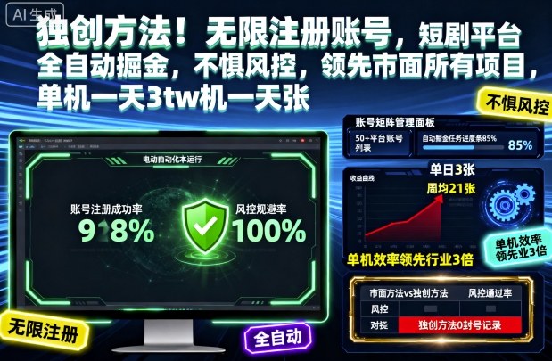 独创方法！无限注册账号，短剧平台全自动掘金，不惧风控，领先市面所有项目，单机一天3张【揭秘】-68资源