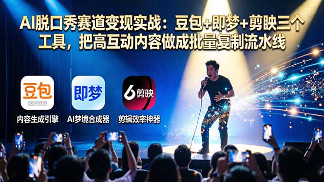 AI脱口秀赛道变现实战：豆包+即梦+剪映三个工具，把高互动内容做成批量复制流水线-68资源