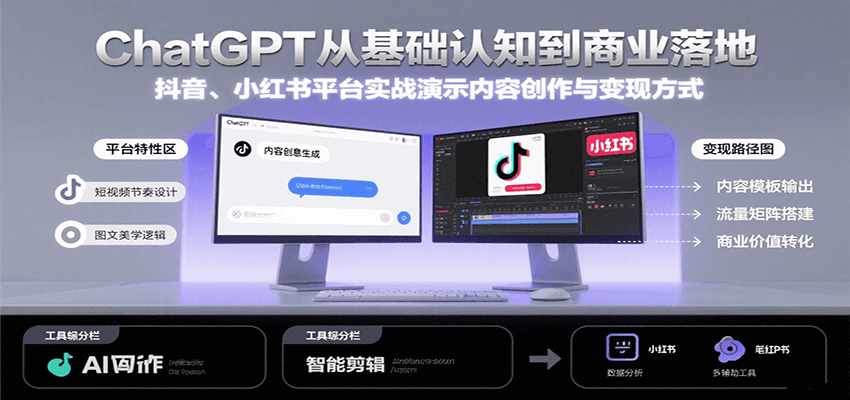 ChatGPT从基础认知到商业落地，实战演示抖音、小红书等平台的内容创作与变现-68资源