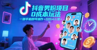 抖音男粉项目0成本玩法，一部手机即可操作，日均4张+，时间自由-68资源