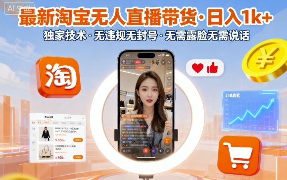 最新淘宝无人直播带货，日入1k+，独家技术，无违规无封号，无需露脸无需说话【揭秘】-68资源