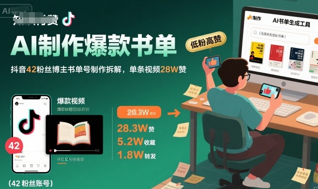 AI制作爆款书单，抖音42粉丝博主书单号制作拆解，单条视频28W赞-68资源