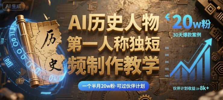 最新AI历史人物第一人称独白短视频制作教学，一个半月20w粉，可过伙伴计划-68资源