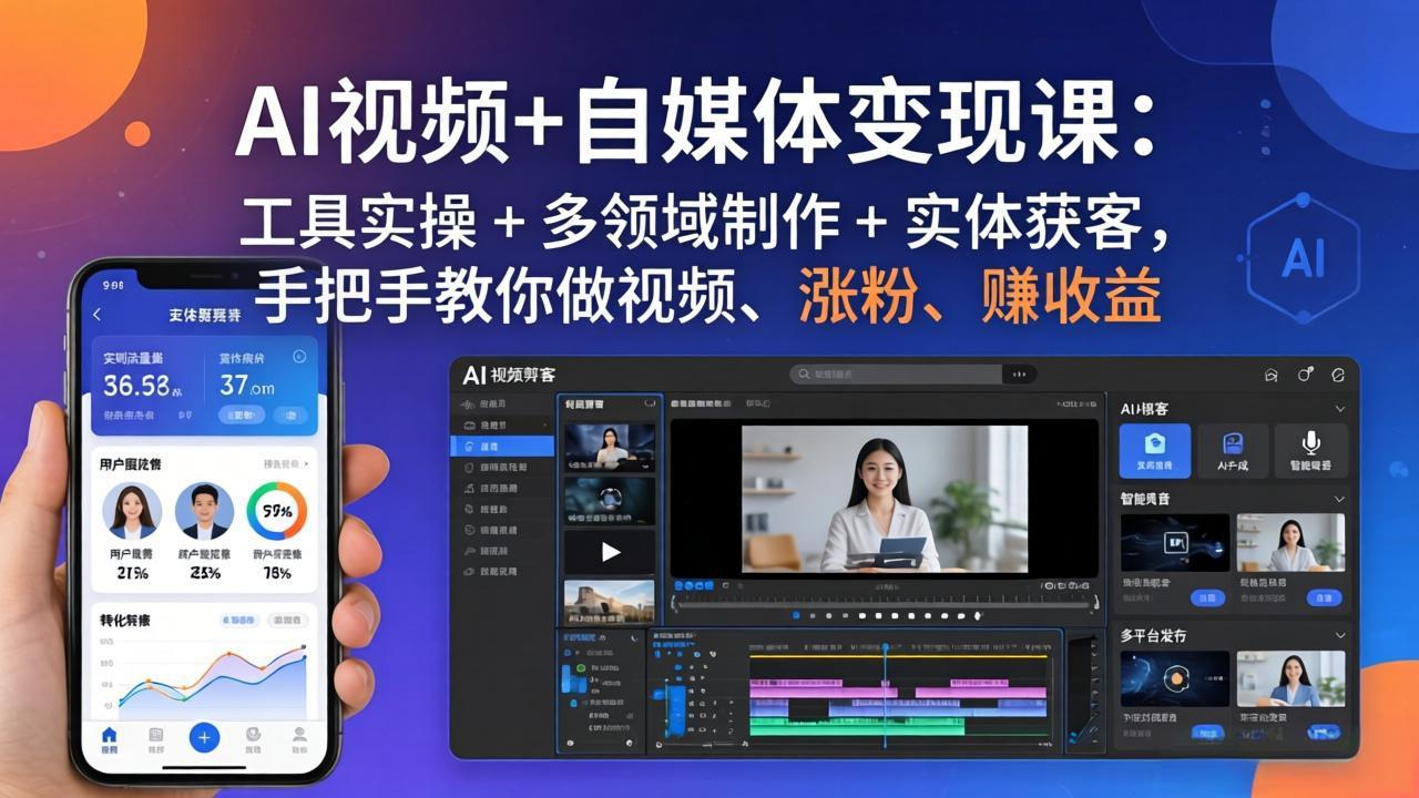 AI视频+自媒体变现课：工具实操 + 多领域制作 + 实体获客，手把手教你做视频、涨粉、赚收益-68资源