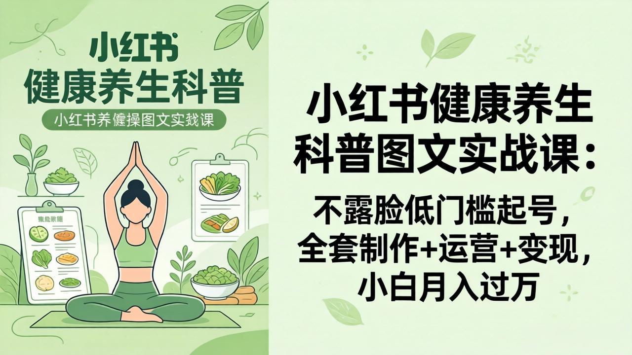 2026小红书健康养生科普图文实战课：不露脸低门槛起号，全套制作+运营+变现，小白月入过万-68资源